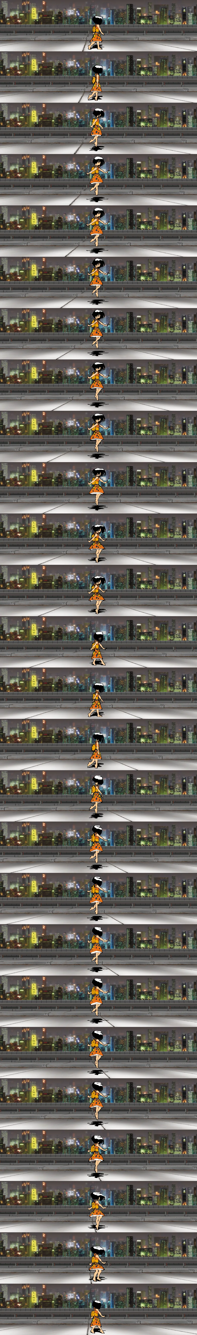 Animated loop of a girl skipping through a big city.