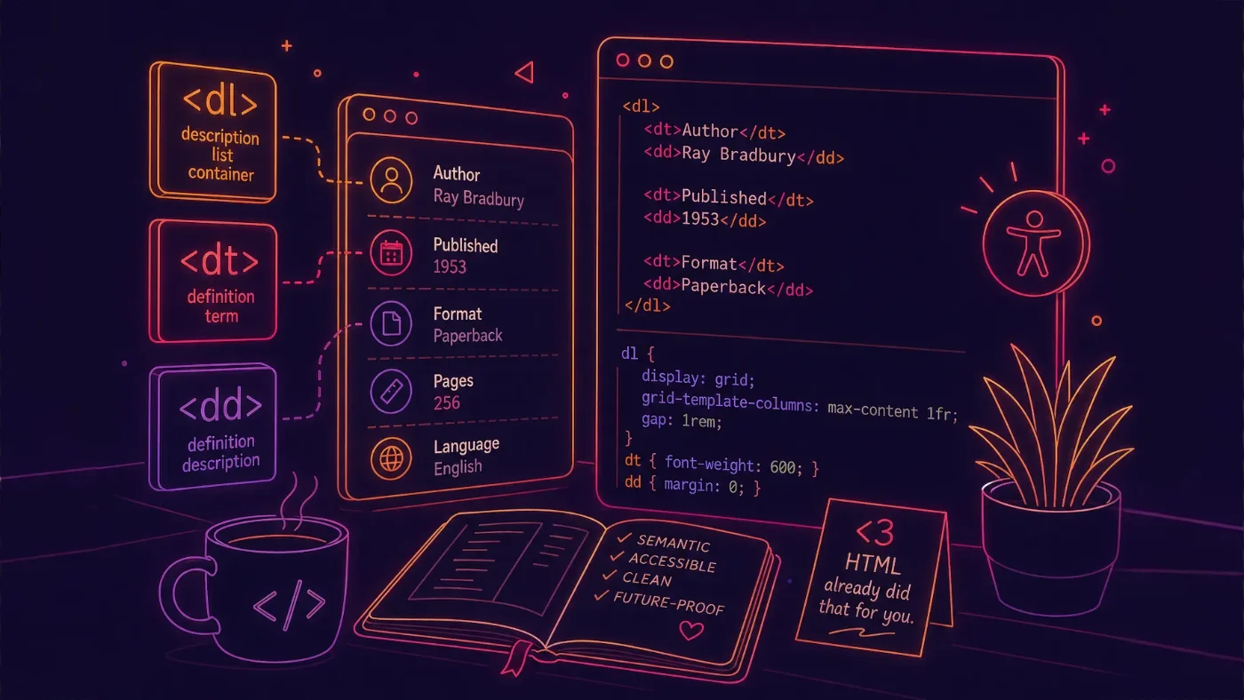 Semantic HTML illustration showing description list markup using dl, dt, and dd tags in a developer workspace scene.