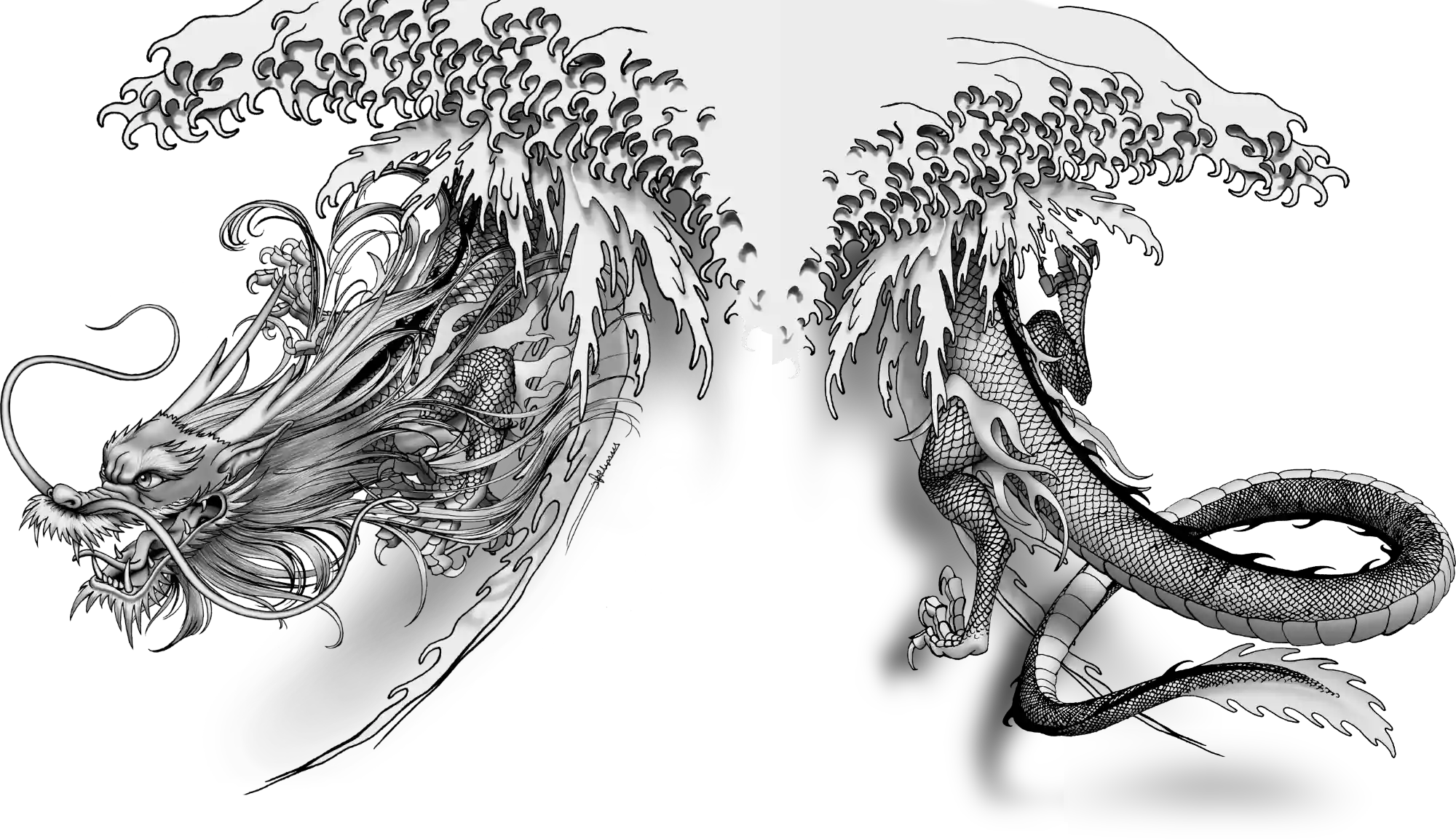 Illustration of a dragon passing through a tsunami.
