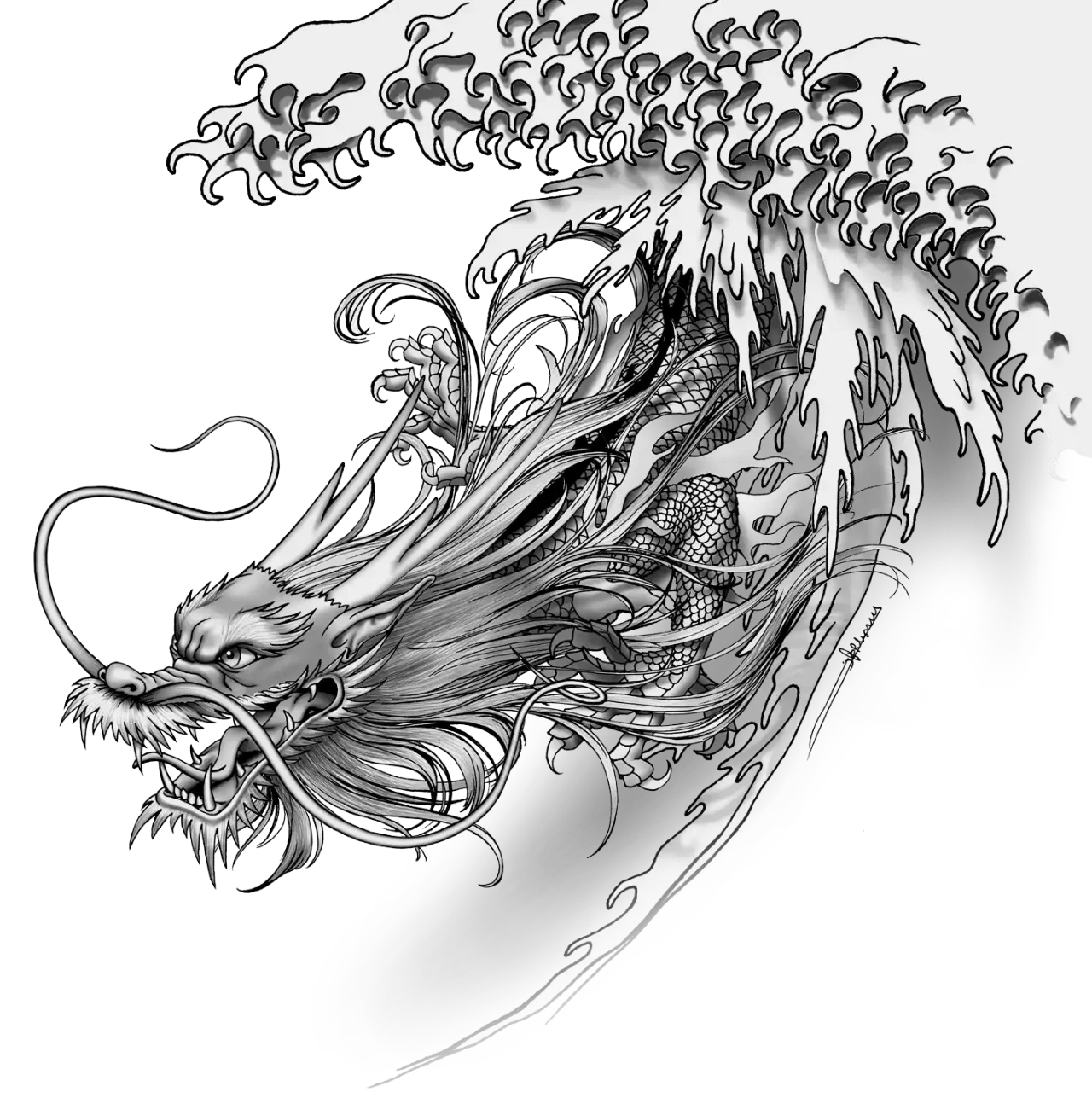 Illustration of the front end of a dragon.