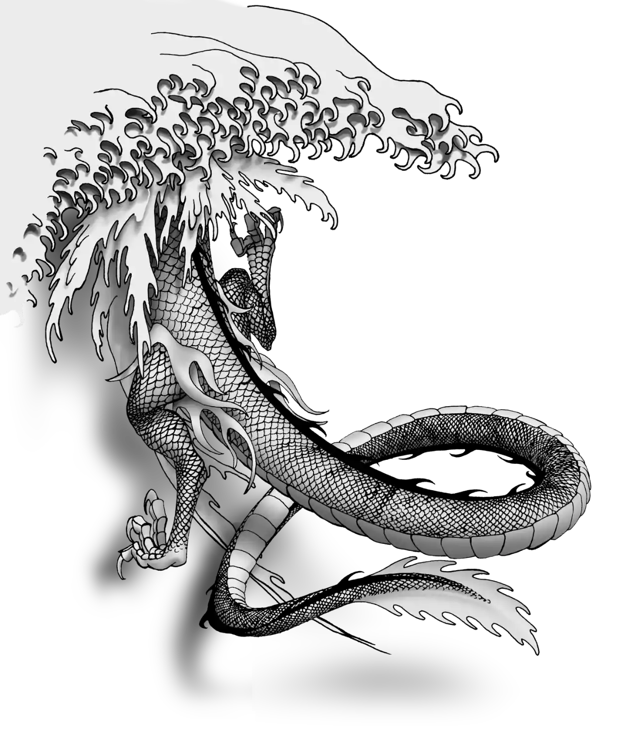 Illustration of the back end of a dragon.