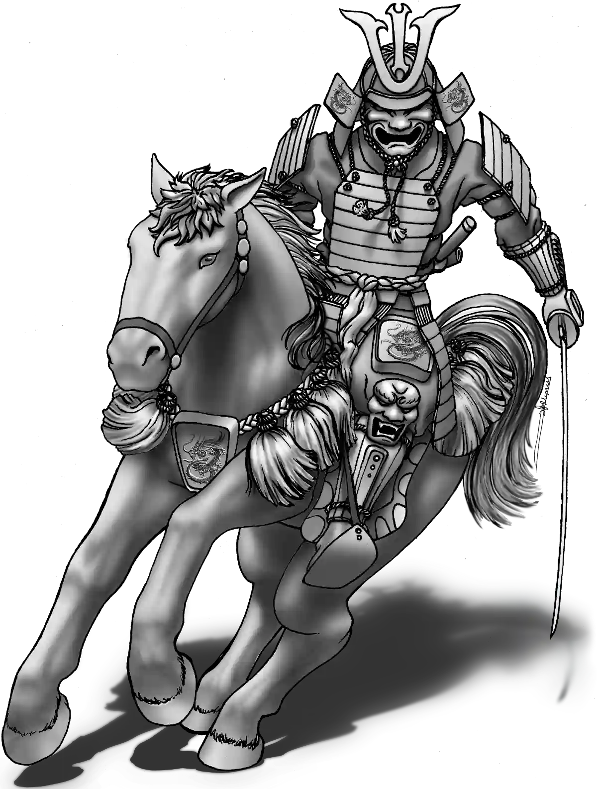 A samurai on horseback, charging.